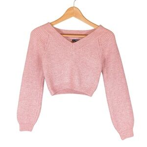 Forever 21 Sweater Women’s Medium Light Pink V Neck Cropped Knit Top Balletcore